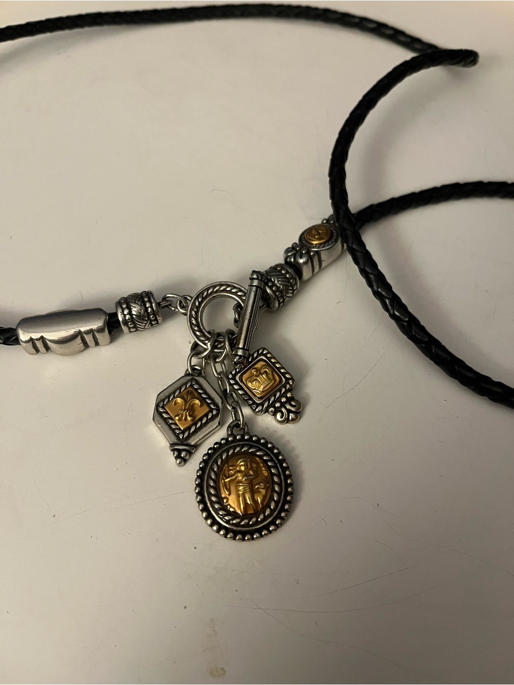Brighton Long Black Braided Necklace Gold-Tone Medallion Charms and Toggle Close